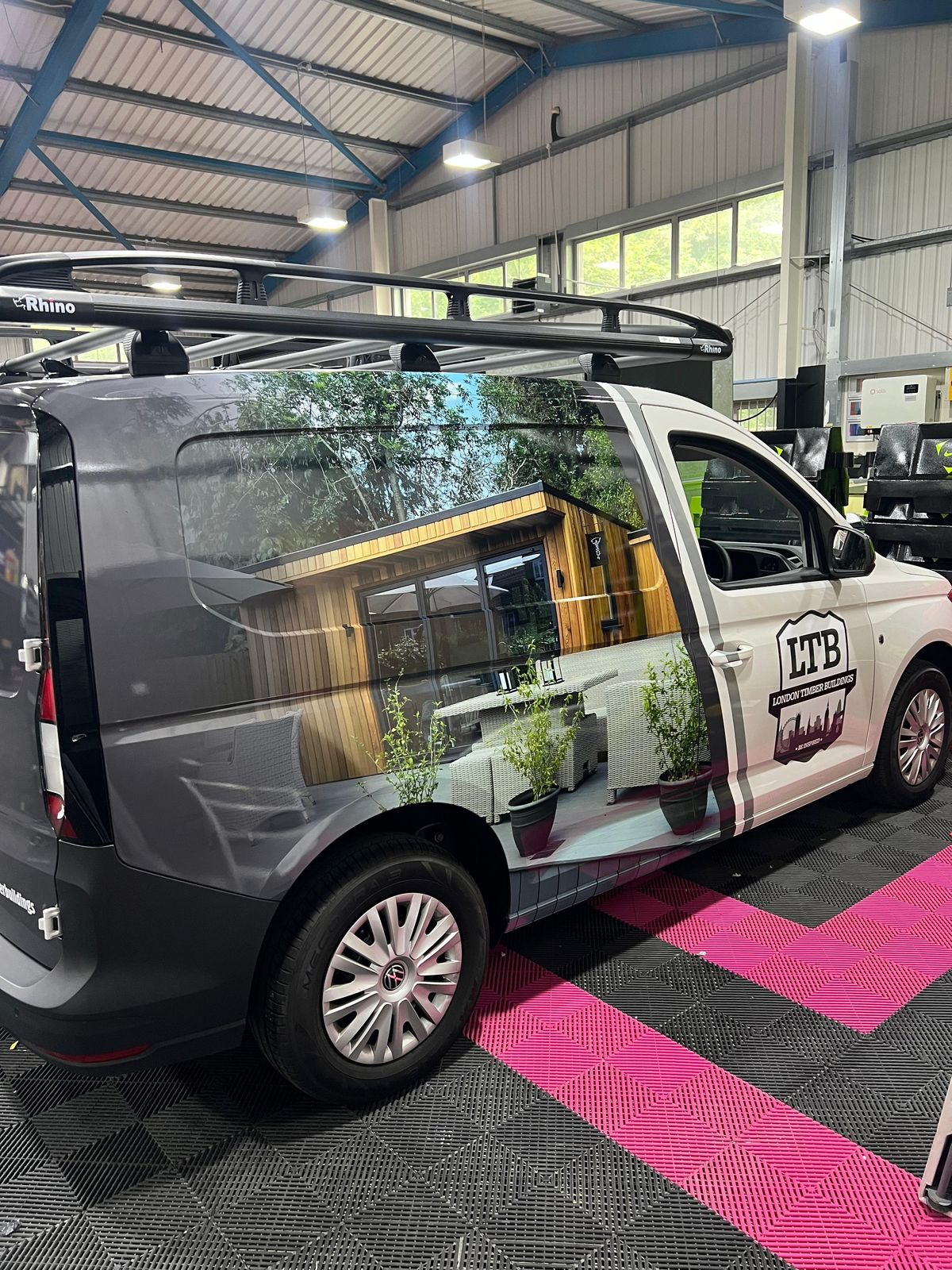 London Timber Buildings VW Caddy with printed garden room wrap